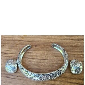 Vintage‎ Cuff Bracelet Earrings Silver Tone Floral Design Jewelry Set